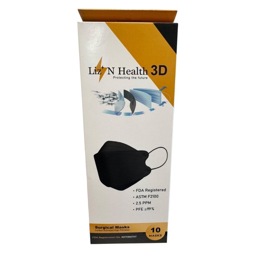 LizN Health 3D Black Surgical Masks Pack Of 10 ASTM F2100 Carbon Activated High